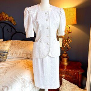 Vintage 80s White Fitted Skirt Suit 100% Cotton
